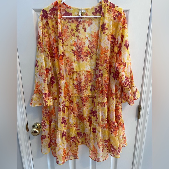 Cato Tops - Yellow/orange sheer babydoll flower 3/4 ruffle sleeve open front top 14W/16W